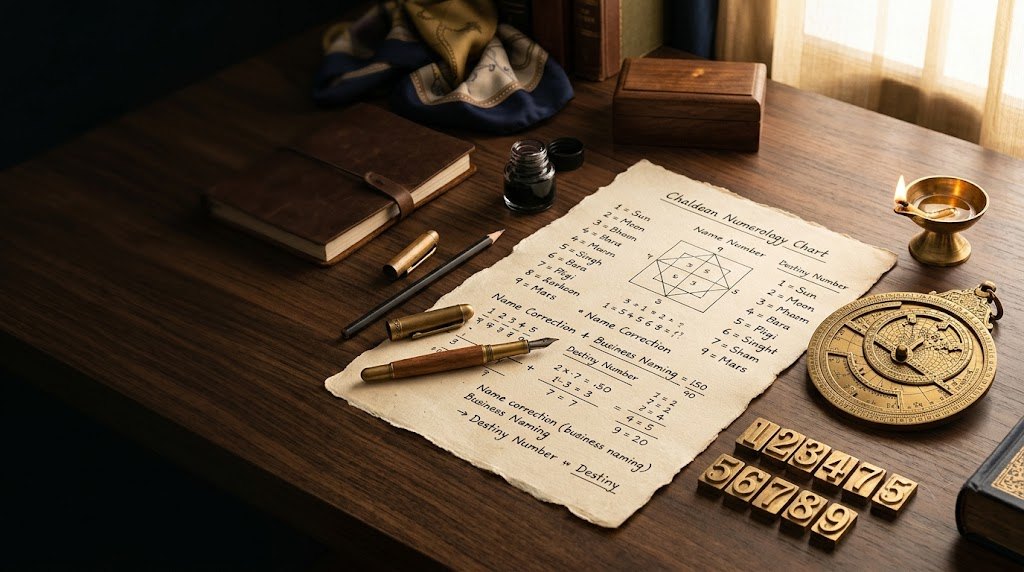 A Chaldean numerology chart on a desk with a pen, an oil lamp and brass number blocks